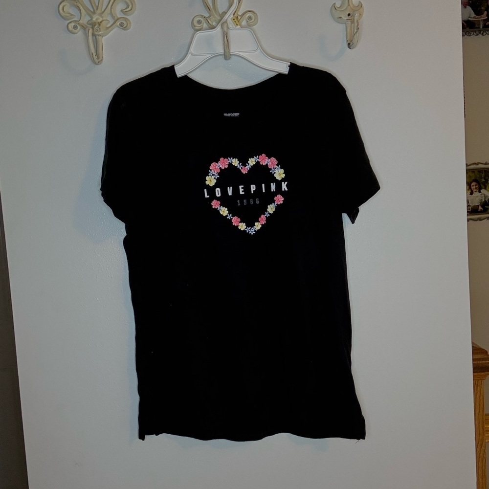Victoria's Secret Black Tee with Floral Heart Design